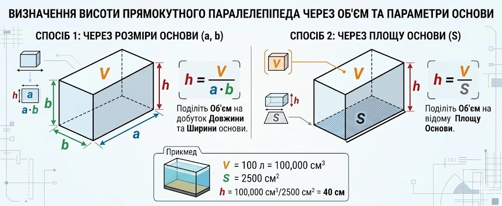 Як обчислити висоту прямокутного паралелепіпеда за об’ємом, площею чи діагоналлю